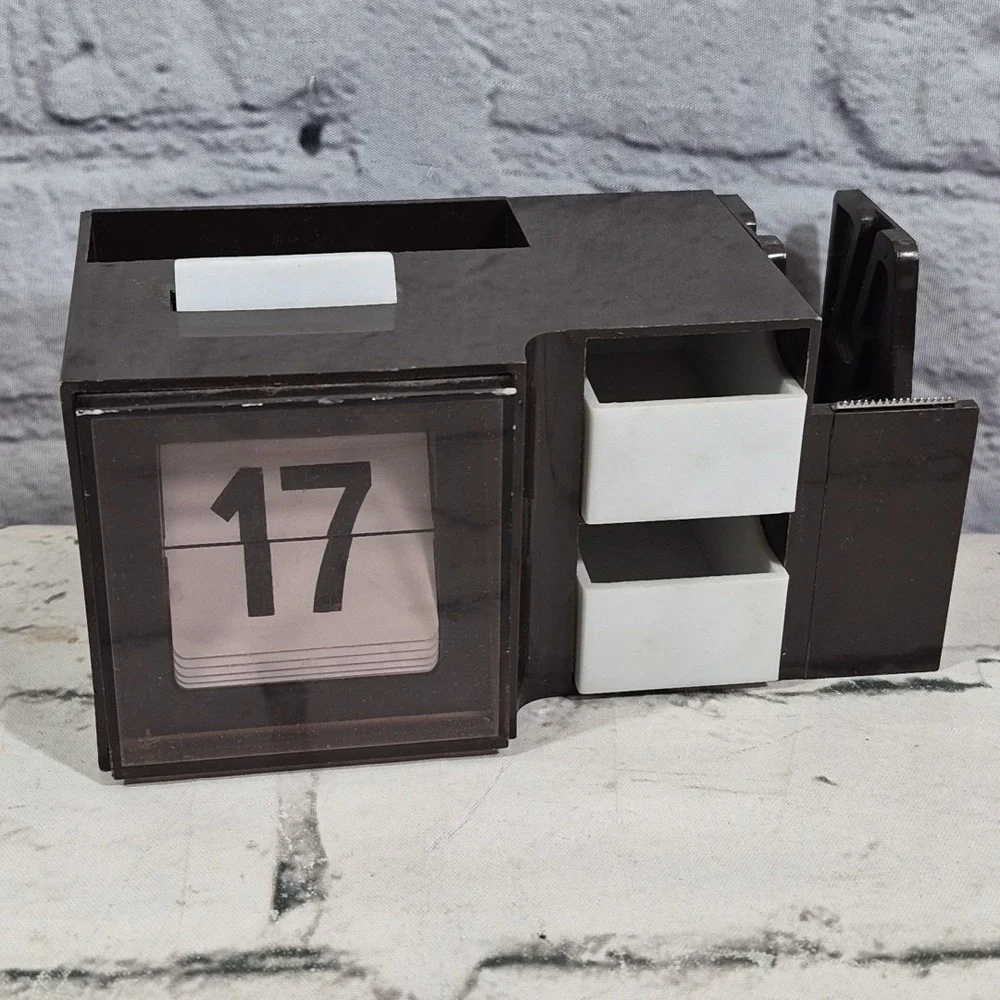 Vintage Perpetual Desk Calendar Clicker Tape Dispenser Desk Tray Hong Kong 1970s